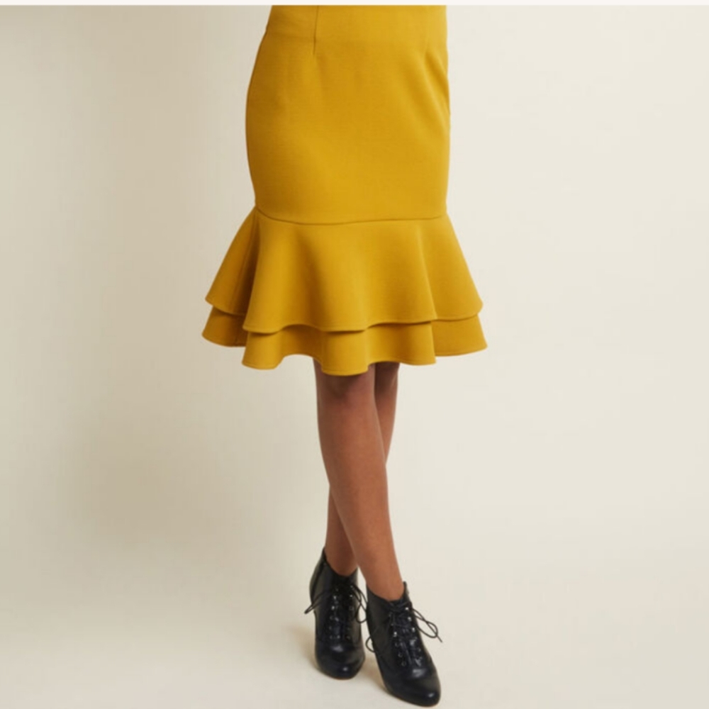 Modcloth Tiered Ruffle Pencil Skirt Mustard Yellow